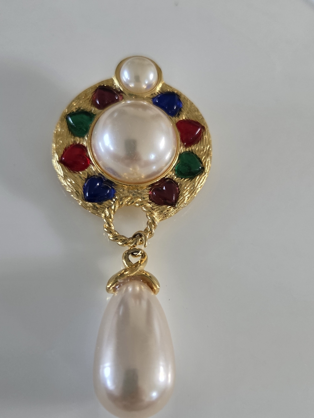 Vintage Gold-Tone Multicolor Hearts & Faux Pearl Drop Brooch